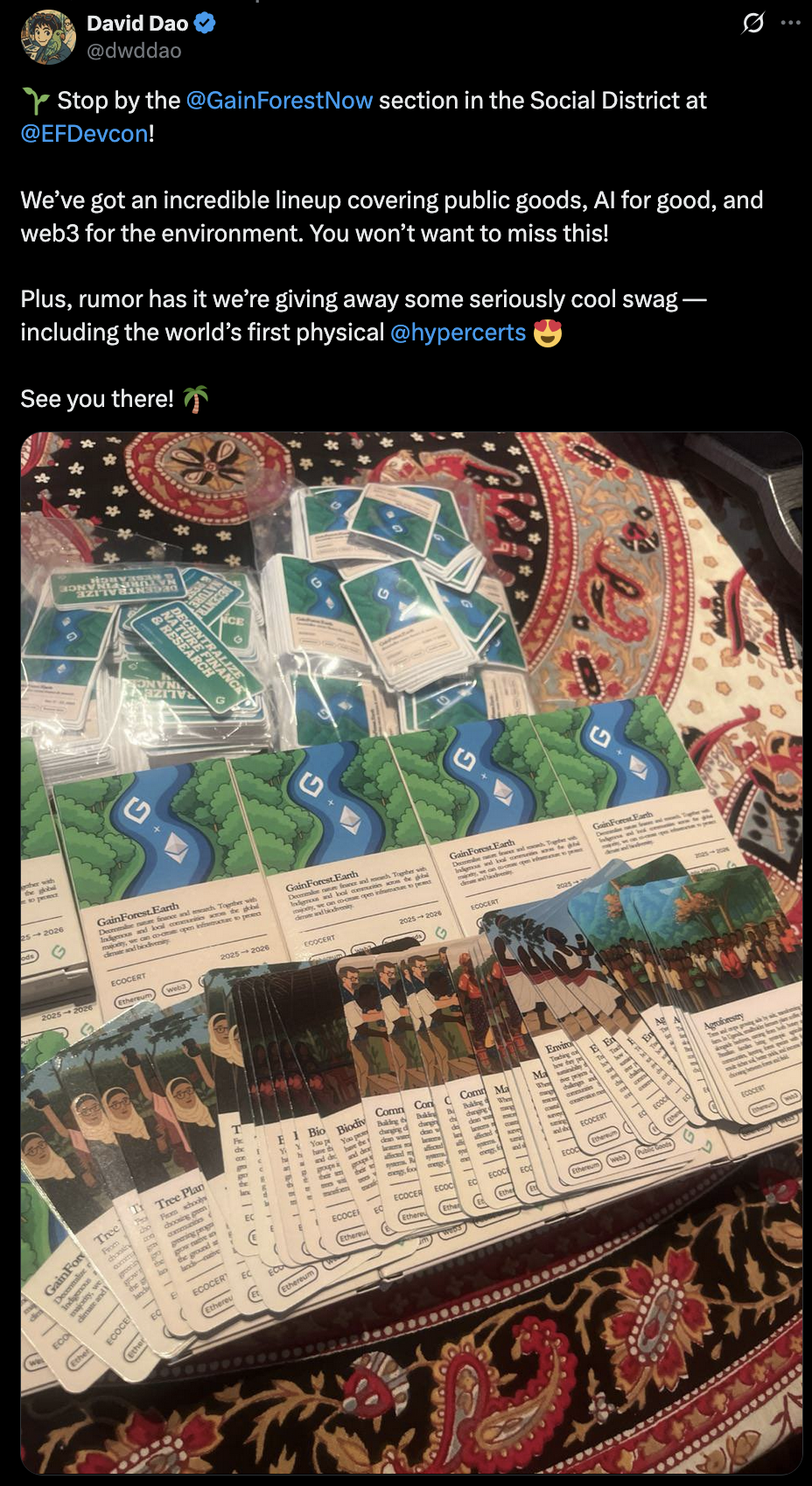 David Dao's x post about the Gainforest stand at Devconnect